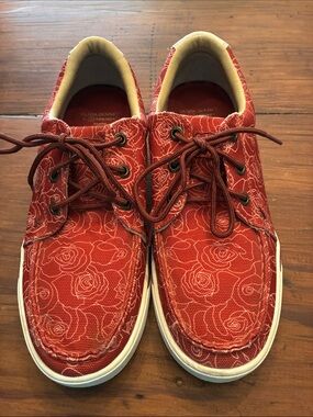 Red Floral Canvas Boat Shoes - Lace-Up Casual